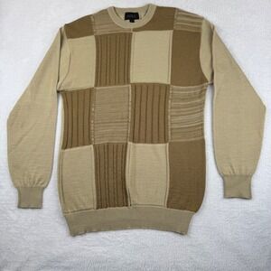 Miko Patchwork Sweater Mens Medium Tan Brown Wool Blend Cable Knit Pullover